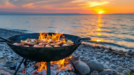 Grilling fresh seafood at sunset  a relaxing beachside dining experience on a perfect summer evening