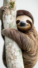 Fototapeta premium A sloth is comfortably hugging a tree trunk, displaying a peaceful and friendly demeanor