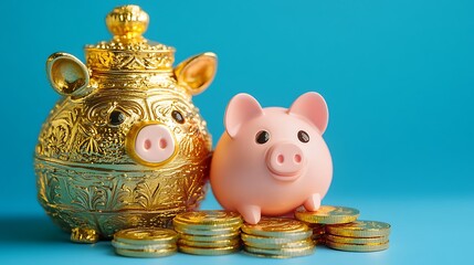 Gold and pink piggy banks with gold coins on blue background.