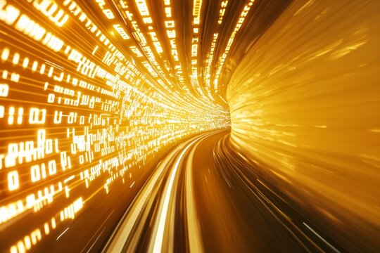 High-speed data tunnel with glowing lines and binary code, symbolizing the fast-paced nature of technology in digital marketing. Yellow background