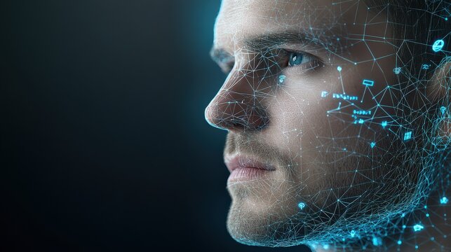 A 3D wireframe model of a human head, overlaid with glowing digital symbols and AI-based connections