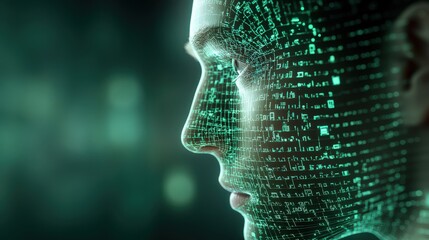 A 3D wireframe model of a human head, overlaid with glowing digital symbols and AI-based connections