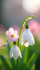White flowers with pinkish tint on green stems, landscape, spring