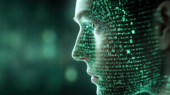 A 3D wireframe model of a human head, overlaid with glowing digital symbols and AI-based connections