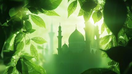 Beautiful Mosque Surrounded by Greenery and Illuminated by Soft Sunlight