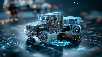 Autonomous truck blueprint design digital environment 3d visualization futuristic setting close-up perspective technology concept