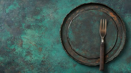 Rustic plate, fork, teal background, overhead, food blog