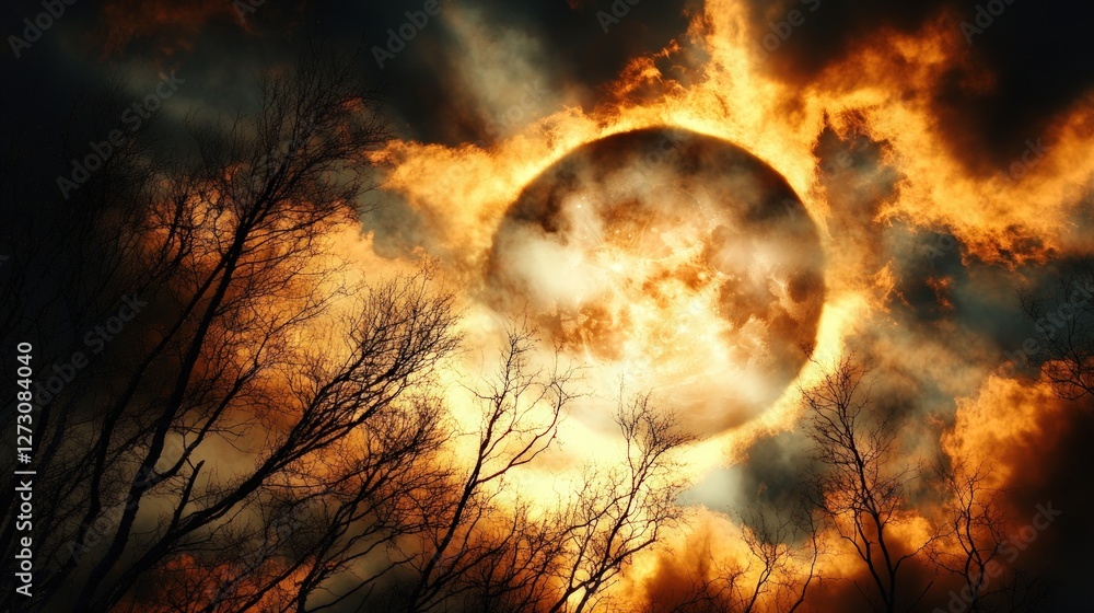 Poster dramatic sunset over bare trees with fiery clouds and shadows