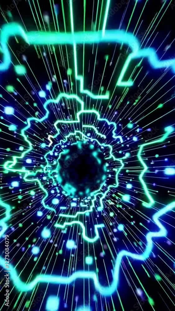 Poster pulsating neon energy patterns create dynamic futuristic vortex with electric blue highlights