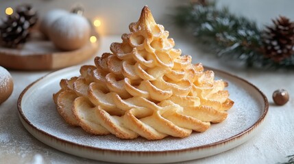 Pastry christmas tree, Xmas cream puffs, Xmas spruce holiday dessert, festive decoration