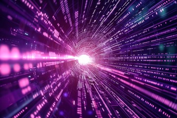 Naklejka premium High-speed data tunnel with glowing lines and binary code, symbolizing the fast-paced nature of technology in digital marketing. purple background