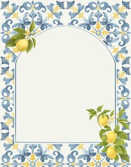 Italian blue tiles watercolor lemon wedding and bridal shower invitation