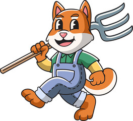 Cute Shiba Inu Dog Farmer holding Pitchfork Mascot Cartoon Character Illustration