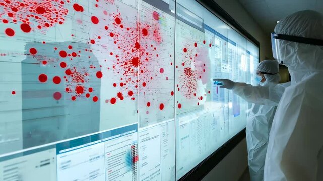 A team of scientists in full protective gear examines a digital map displaying the spread of an infectious disease. The high-tech laboratory setting highlights the importance of epidemiological 