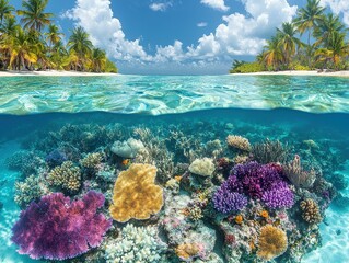 Naklejka premium Snorkeling in crystal-clear water, colorful coral reef, diverse marine life, underwater adventure