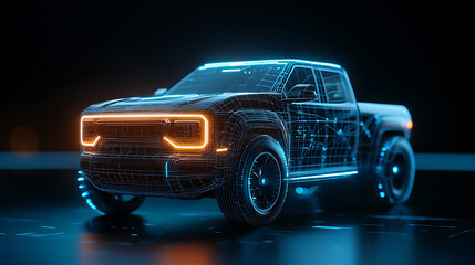 Autonomous vehicle showcase digital garage wireframe truck model neon blue illumination futuristic environment 3d visualization