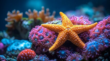 Vibrant Coral Reef Scene with Starfish Urchins and Shrimp Nestled in Brilliant Marine Structures