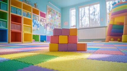 Colorful blocks in bright daycare playroom