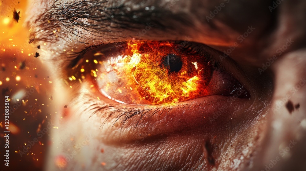 Poster intense close-up of a fiery eye with explosive background effects