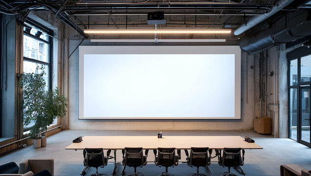Creative agency meeting room with a wide blank projection wall for pitches and displays.