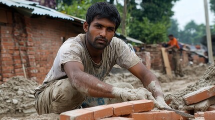 A bricklayer precisely placing bricks, using a trowel to spread mortar evenly