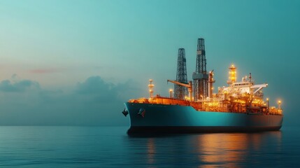 Offshore drilling rig illuminated at dusk in calm waters