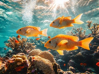 Fototapeta premium Vibrant Coral Reef Teeming with Diverse Marine Life and Activities