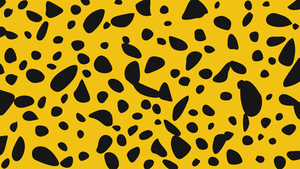 Bold cheetah pattern with black spots on yellow background, perfect for textiles, wallpaper, and backgrounds. High quality vector graphic for creative projects.