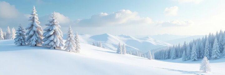 White snow landscape with gentle hills and trees, nature, snowy