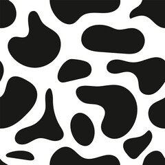 Seamless black and white cow or dalmatian pattern with irregular spots, perfect for textiles, wallpapers, and modern decor. High quality vector design for versatile projects.