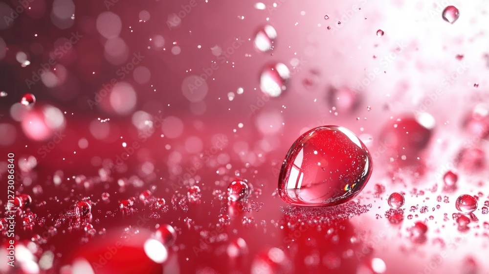 Poster Water droplets on red surface with bokeh background effect