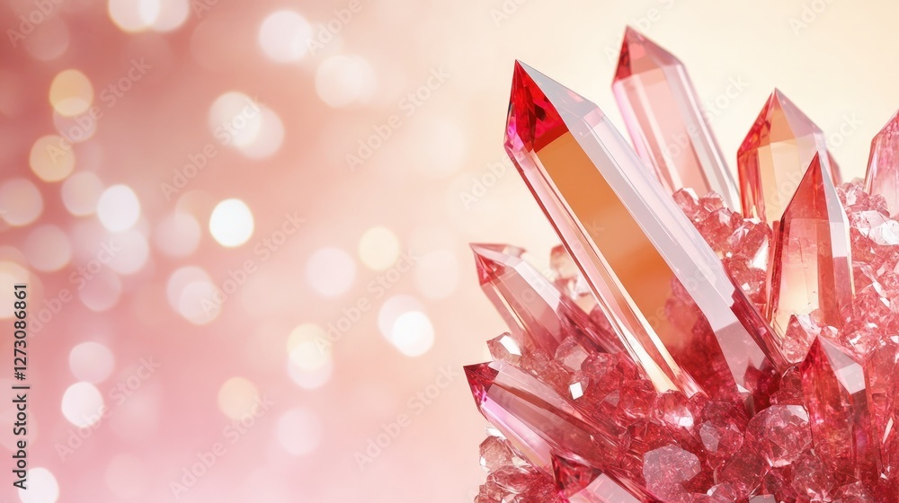 Poster sparkling pink crystal cluster with blurred bokeh background