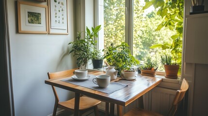 Fototapeta premium A bright and cozy breakfast nook by the window, featuring a small table, wooden chairs, and warm decor
