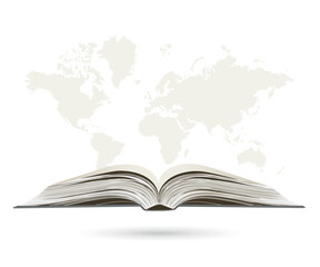 Scientific concept of open book and world map, vector illustration modern design