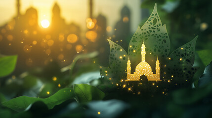 Golden Mosque Illustration Within Lush Green Leaves and Magical Sparkling Lights