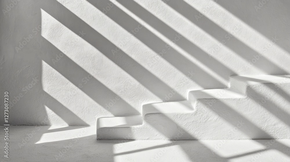 Poster Light and Shadow Play on Steps in Minimalist White Space