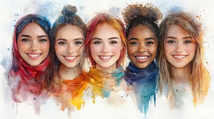 watercolor illustration of smiling friends from different backgrounds and cultures