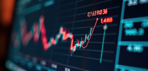A close-up of a financial trading graph showcasing fluctuating stock prices. Ideal for finance, investment, and stock market-related content.