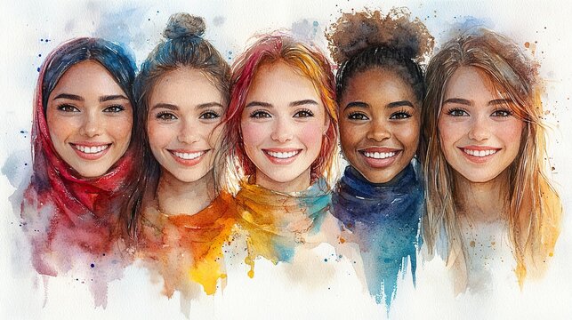 watercolor illustration of smiling friends from different backgrounds and cultures