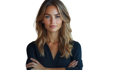  A poised and self-assured woman business coach stands confidently with her arms crossed, exuding success and professionalism.
