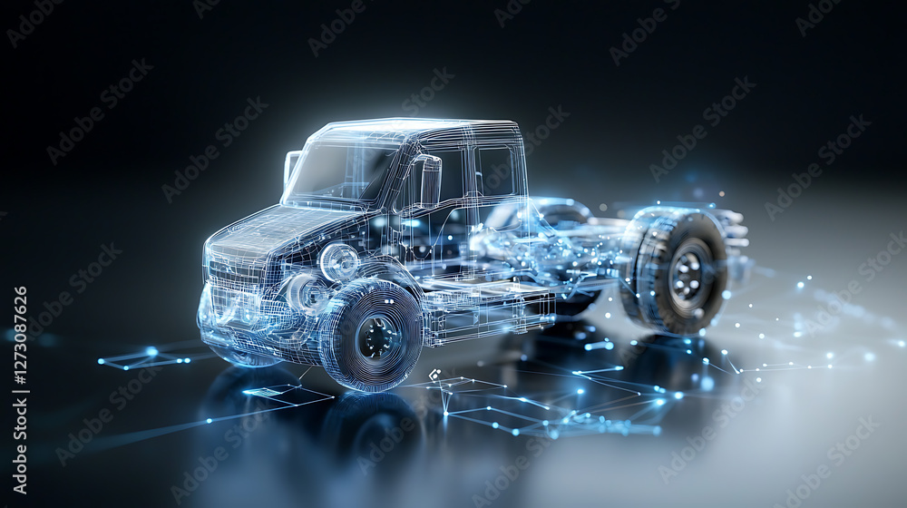 Poster digital wireframe visualization of blue luminous truck in futuristic setting technology concept high