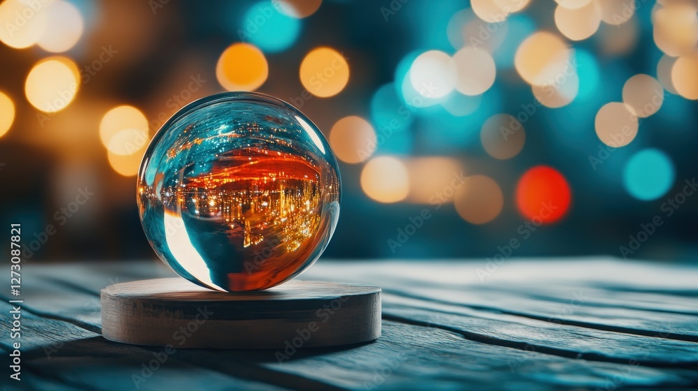 Aufkleber crystal ball on wooden surface with colorful bokeh background
