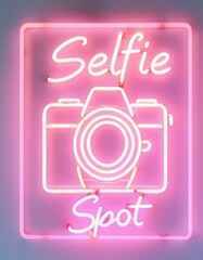 Neon sign displaying Selfie Spot in glowing pink letters with a bright camera icon inside a neon frame, symbolizing photography, social media, self-expression, and digital engagement