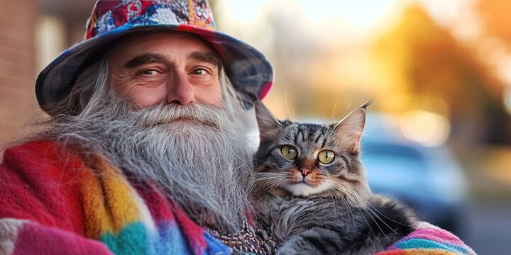 cat panhandler living on the streets in poverty