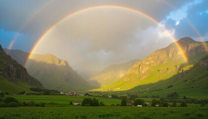 Stunning double rainbow arching over a lush green valley with golden sunlight and mist rising from the hills
