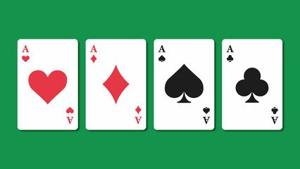 Four playing cards spade clubs hearts diamonds vector set on green 