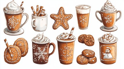 Festive hot drinks and biscuits set, decorated Christmas cookies, winter coffee cups, spiced beverages, traditional gingerbread shapes, charming cartoon illustration style
