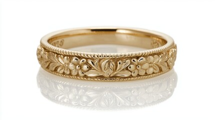 Tiny golden ring with intricate details, realistic reflections on a white background.