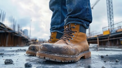 A close-up of a worker's steel-toe boots covered in dust at a construction site