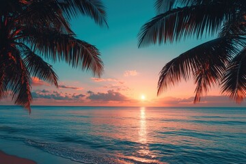 Dark palm trees silhouettes on colorful tropical ocean sunset landscape